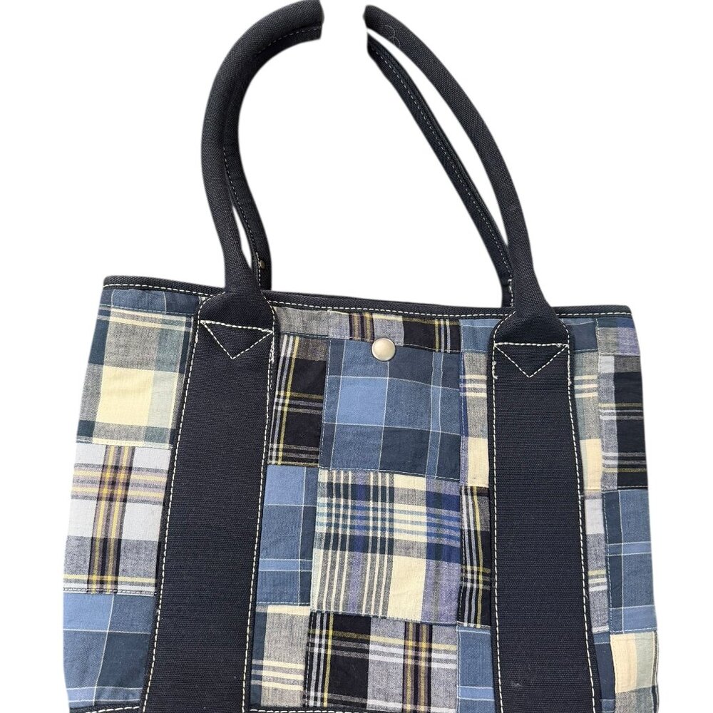 ✨ J. CREW Patchwork Plaid Canvas Tote Bag Blue White Coastal EUC ⚓ - Picture 3 of 5